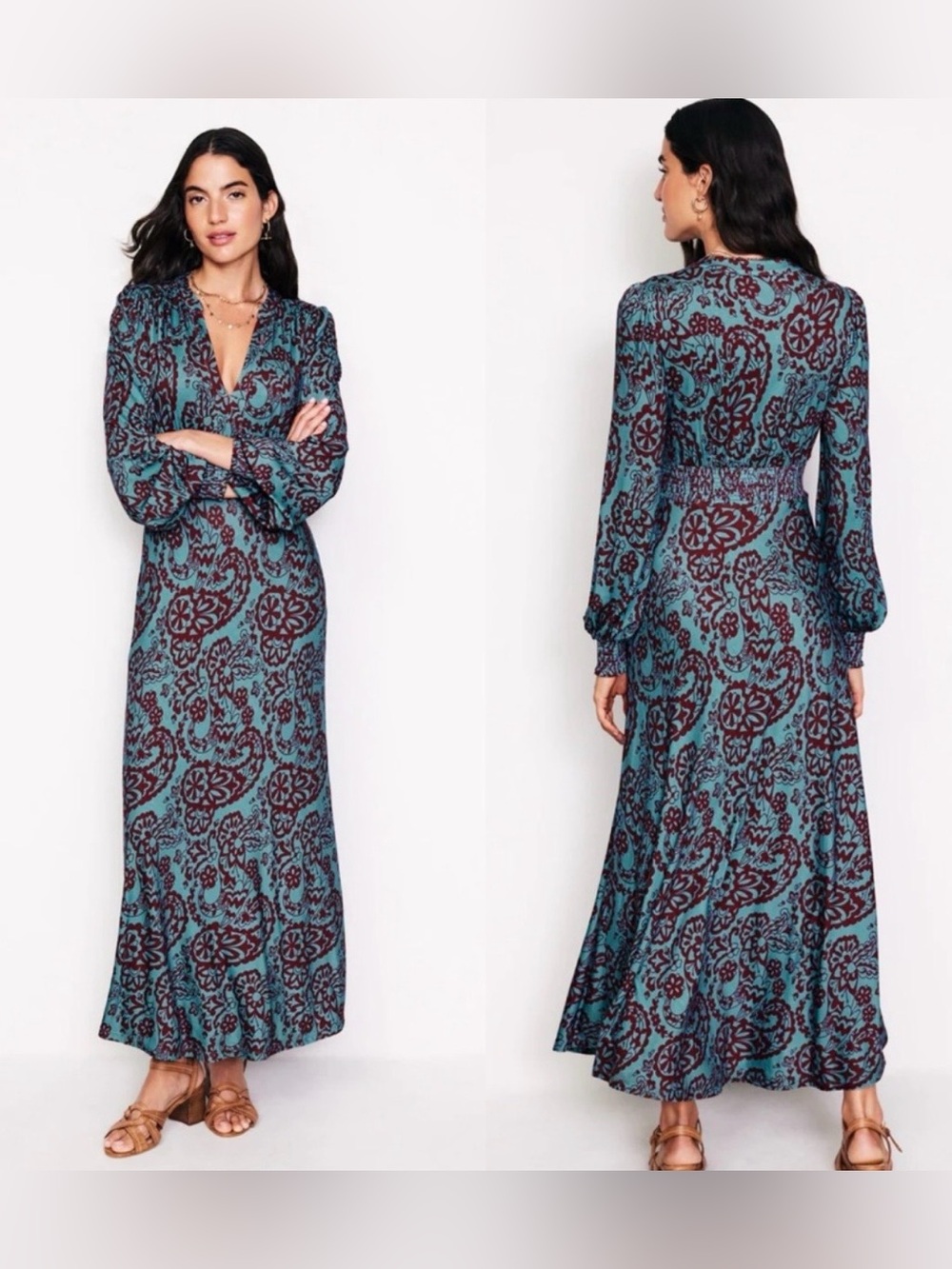 Boden Ivy Smocked Midi Dress in Blue Grass Paisley Cascade
